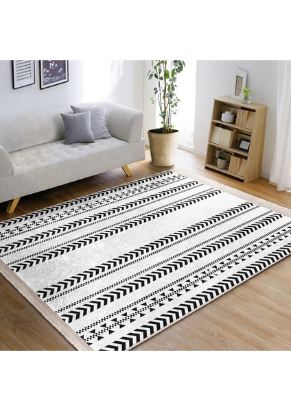 Siyah - Beyaz Zeminde Yöresel Motifli Iskandinav Desenli Sade & Şık Etnik Motifler Koridor & Antre Salon & Oturma Odası Dijital Baskılı Makinede Yıkanabilir Kaymaz Taban Saçaklı Halı indirimleri
