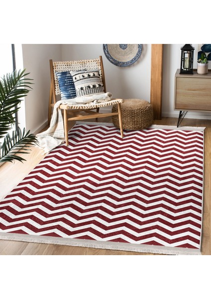 Bordo Zeminde Zikzak Motifli Geometrik Desenli Geometrik Klasik Koridor & Antre Ofis Dijital Baskılı Makinede Yıkanabilir Kaymaz Taban Saçaklı Halı