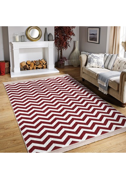 Bordo Zeminde Zikzak Motifli Geometrik Desenli Geometrik Klasik Koridor & Antre Ofis Dijital Baskılı Makinede Yıkanabilir Kaymaz Taban Saçaklı Halı fiyatları