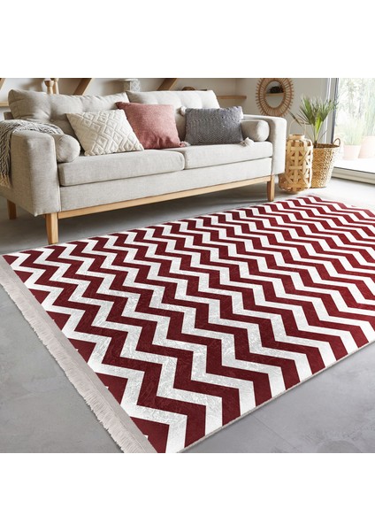Bordo Zeminde Zikzak Motifli Geometrik Desenli Geometrik Klasik Koridor & Antre Ofis Dijital Baskılı Makinede Yıkanabilir Kaymaz Taban Saçaklı Halı modelleri