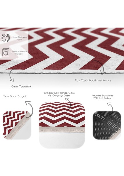 Bordo Zeminde Zikzak Motifli Geometrik Desenli Geometrik Klasik Koridor & Antre Ofis Dijital Baskılı Makinede Yıkanabilir Kaymaz Taban Saçaklı Halı fırsatları
