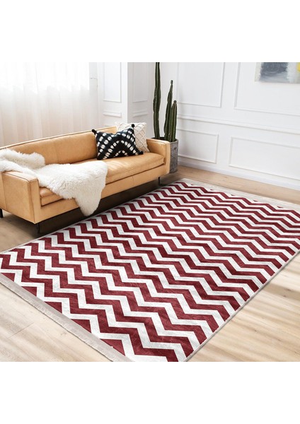Bordo Zeminde Zikzak Motifli Geometrik Desenli Geometrik Klasik Koridor & Antre Ofis Dijital Baskılı Makinede Yıkanabilir Kaymaz Taban Saçaklı Halı indirimleri