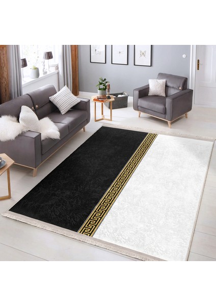 Siyah - Gold Zeminde Geometrik Motifli Klasik Desenli Geometrik Sade & Şık Koridor & Antre Ofis Dijital Baskılı Makinede Yıkanabilir Kaymaz Taban Saçaklı Halı fiyatları