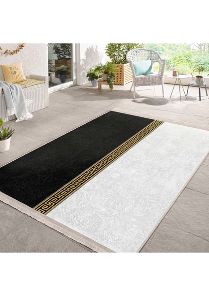 Siyah - Gold Zeminde Geometrik Motifli Klasik Desenli Geometrik Sade & Şık Koridor & Antre Ofis Dijital Baskılı Makinede Yıkanabilir Kaymaz Taban Saçaklı Halı indirimleri