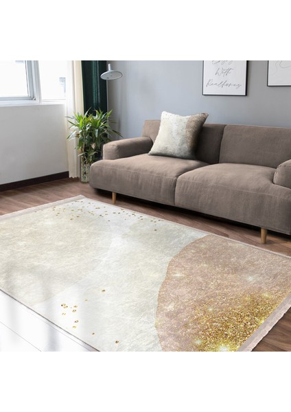 Gold - Krem Zeminde Modern Motifli Abstract Desenli Bohem Klasik Salon & Oturma Odası Dış Mekan & Outdoor Dijital Baskılı Makinede Yıkanabilir Kaymaz Taban Saçaklı Halı modelleri