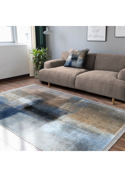 Lacivert Zeminde Yağlı Boya Motifli Modern Sanat Desenli Modern Sade & Şık Salon & Oturma Odası Banyo Dijital Baskılı Makinede Yıkanabilir Kaymaz Taban Saçaklı Halı indirimleri