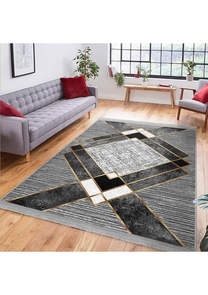 Gri Zeminde Geometrik Motifli Klasik Desenli Geometrik Klasik Mutfak Salon & Oturma Odası Dijital Baskılı Makinede Yıkanabilir Kaymaz Taban Saçaklı Halı