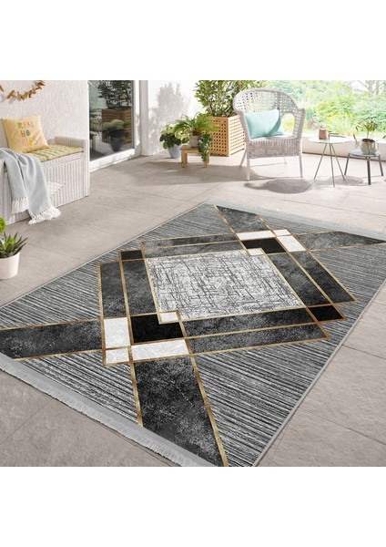 Gri Zeminde Geometrik Motifli Klasik Desenli Geometrik Klasik Mutfak Salon & Oturma Odası Dijital Baskılı Makinede Yıkanabilir Kaymaz Taban Saçaklı Halı