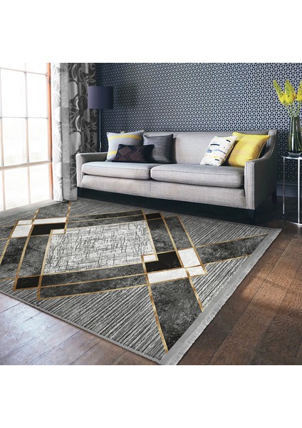 Gri Zeminde Geometrik Motifli Klasik Desenli Geometrik Klasik Mutfak Salon & Oturma Odası Dijital Baskılı Makinede Yıkanabilir Kaymaz Taban Saçaklı Halı