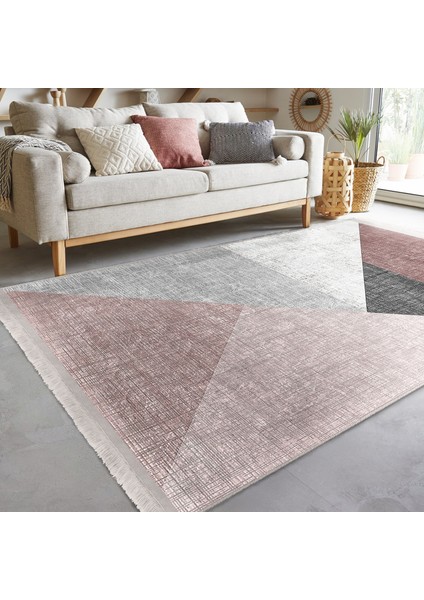 Pembe - Gri Zeminde Geometrik Motifli Üçgen Desenli Geometrik Modern Mutfak Banyo Dijital Baskılı Makinede Yıkanabilir Kaymaz Taban Saçaklı Halı