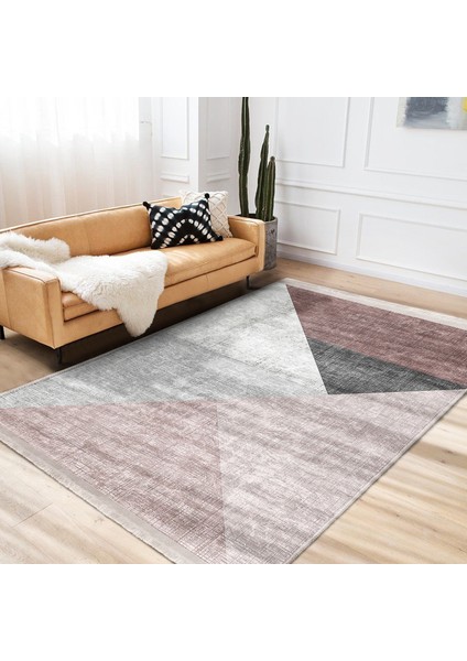 Pembe - Gri Zeminde Geometrik Motifli Üçgen Desenli Geometrik Modern Mutfak Banyo Dijital Baskılı Makinede Yıkanabilir Kaymaz Taban Saçaklı Halı fiyatları