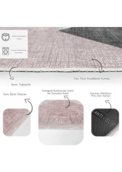 Pembe - Gri Zeminde Geometrik Motifli Üçgen Desenli Geometrik Modern Mutfak Banyo Dijital Baskılı Makinede Yıkanabilir Kaymaz Taban Saçaklı Halı fırsatları