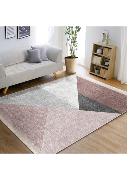 Pembe - Gri Zeminde Geometrik Motifli Üçgen Desenli Geometrik Modern Mutfak Banyo Dijital Baskılı Makinede Yıkanabilir Kaymaz Taban Saçaklı Halı indirimleri