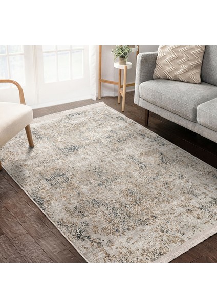 Krem - Ekru Zeminde Kilim Motifli Antik Desenli Eskitme Motifli Avangarde Koridor & Antre Mutfak Dijital Baskılı Makinede Yıkanabilir Kaymaz Taban Saçaklı Halı