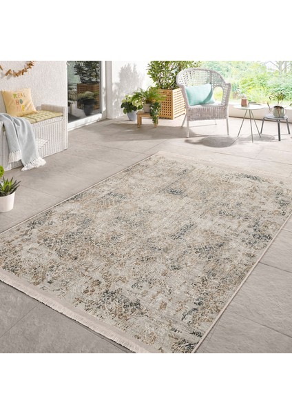 Krem - Ekru Zeminde Kilim Motifli Antik Desenli Eskitme Motifli Avangarde Koridor & Antre Mutfak Dijital Baskılı Makinede Yıkanabilir Kaymaz Taban Saçaklı Halı indirimleri