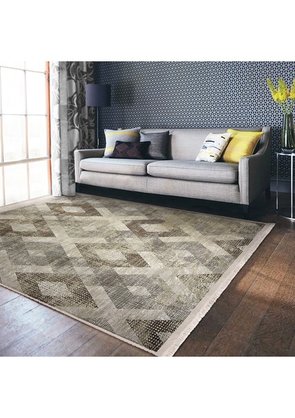 Ekru - Bej Zeminde Baklava Motifli Eskitme Desenli Geometrik Eskitme Motifli Salon & Oturma Odası Koridor & Antre Dijital Baskılı Makinede Yıkanabilir Kaymaz Taban Saçaklı Halı