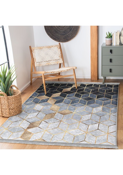 Gri - Mavi Zeminde Mozaik Motifli Geometrik Desenli Geometrik Klasik Mutfak Banyo Dijital Baskılı Makinede Yıkanabilir Kaymaz Taban Saçaklı Halı