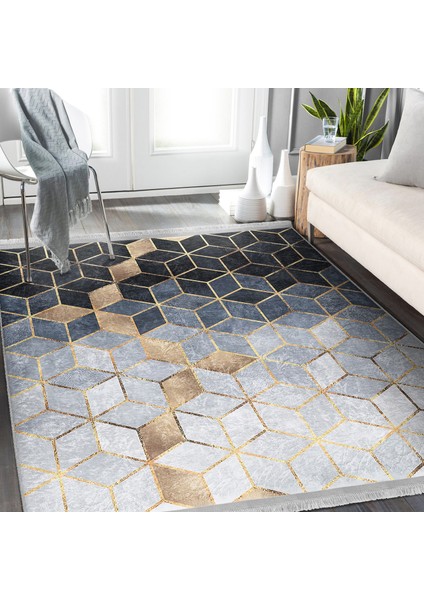 Gri - Mavi Zeminde Mozaik Motifli Geometrik Desenli Geometrik Klasik Mutfak Banyo Dijital Baskılı Makinede Yıkanabilir Kaymaz Taban Saçaklı Halı fiyatları