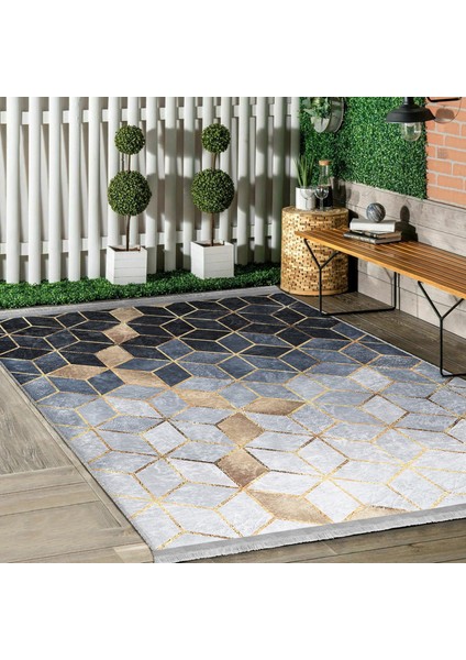 Gri - Mavi Zeminde Mozaik Motifli Geometrik Desenli Geometrik Klasik Mutfak Banyo Dijital Baskılı Makinede Yıkanabilir Kaymaz Taban Saçaklı Halı modelleri