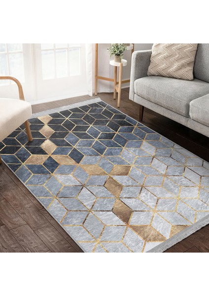Gri - Mavi Zeminde Mozaik Motifli Geometrik Desenli Geometrik Klasik Mutfak Banyo Dijital Baskılı Makinede Yıkanabilir Kaymaz Taban Saçaklı Halı indirimleri