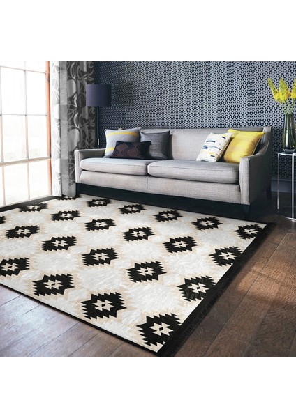 Siyah Zeminde Etnik Motifli Kilim Desenli Etnik Motifler Sade & Şık Koridor & Antre Salon & Oturma Odası Dijital Baskılı Makinede Yıkanabilir Kaymaz Taban Saçaklı Halı modelleri