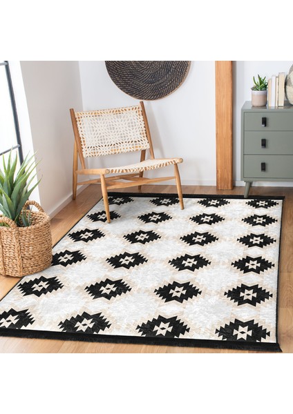 Siyah Zeminde Etnik Motifli Kilim Desenli Etnik Motifler Sade & Şık Koridor & Antre Salon & Oturma Odası Dijital Baskılı Makinede Yıkanabilir Kaymaz Taban Saçaklı Halı indirimleri
