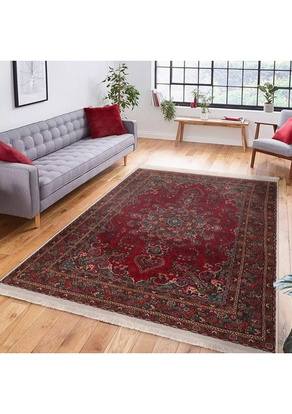 Kırmızı Zeminde Antik Motifli Pers Desenli Avangarde Klasik Salon & Oturma Odası Koridor & Antre Dijital Baskılı Makinede Yıkanabilir Kaymaz Taban Saçaklı Halı