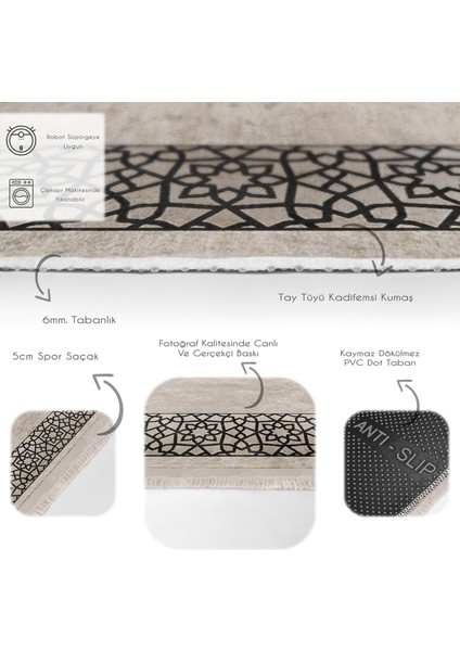 Bej Zeminde Çerçeveli Motifli Geleneksel Desenli Avangarde Klasik Salon & Oturma Odası Koridor & Antre Dijital Baskılı Makinede Yıkanabilir Kaymaz Taban Saçaklı Halı
