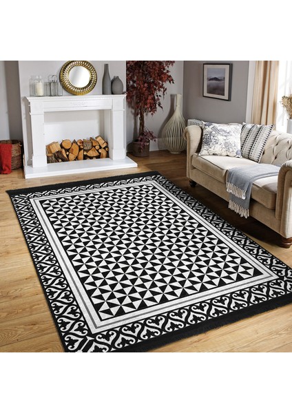 Siyah - Beyaz Zeminde Çerçeveli Motifli Geometrik Desenli Geometrik Sade & Şık Salon & Oturma Odası Ofis Dijital Baskılı Makinede Yıkanabilir Kaymaz Taban Saçaklı Halı indirimleri