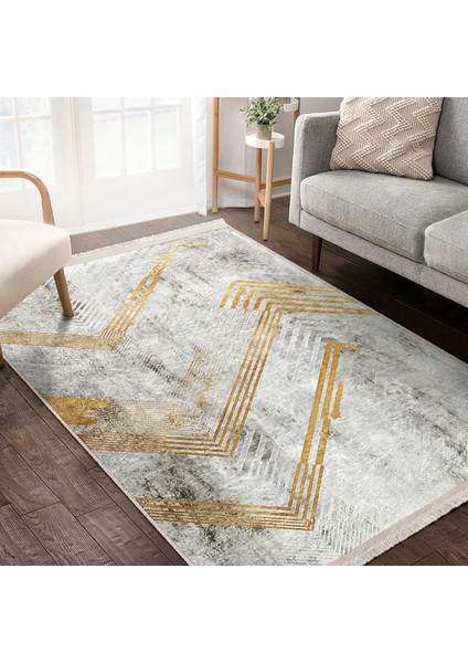 Gold - Gri Zeminde Eskitme Motifli Geometrik Desenli Geometrik Eskitme Motifli Salon & Oturma Odası Dış Mekan & Outdoor Dijital Baskılı Makinede Yıkanabilir Kaymaz Taban Saçaklı Halı