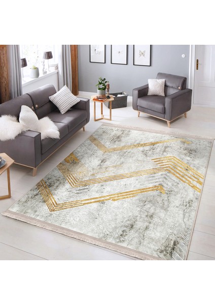 Gold - Gri Zeminde Eskitme Motifli Geometrik Desenli Geometrik Eskitme Motifli Salon & Oturma Odası Dış Mekan & Outdoor Dijital Baskılı Makinede Yıkanabilir Kaymaz Taban Saçaklı Halı fiyatları
