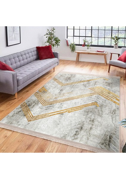 Gold - Gri Zeminde Eskitme Motifli Geometrik Desenli Geometrik Eskitme Motifli Salon & Oturma Odası Dış Mekan & Outdoor Dijital Baskılı Makinede Yıkanabilir Kaymaz Taban Saçaklı Halı modelleri