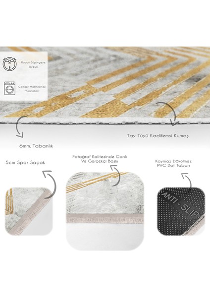 Gold - Gri Zeminde Eskitme Motifli Geometrik Desenli Geometrik Eskitme Motifli Salon & Oturma Odası Dış Mekan & Outdoor Dijital Baskılı Makinede Yıkanabilir Kaymaz Taban Saçaklı Halı fırsatları