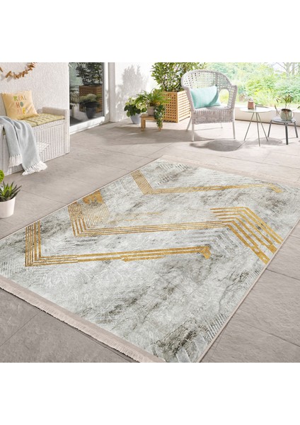 Gold - Gri Zeminde Eskitme Motifli Geometrik Desenli Geometrik Eskitme Motifli Salon & Oturma Odası Dış Mekan & Outdoor Dijital Baskılı Makinede Yıkanabilir Kaymaz Taban Saçaklı Halı indirimleri