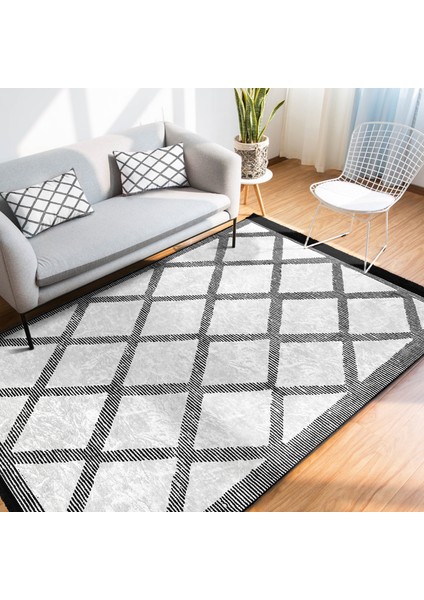 Siyah - Beyaz Zeminde Geometrik Motifli Baklava Desenli Geometrik Sade & Şık Salon & Oturma Odası Ofis Dijital Baskılı Makinede Yıkanabilir Kaymaz Taban Saçaklı Halı