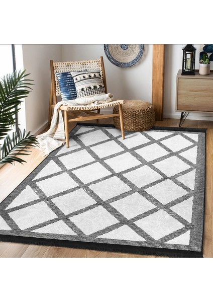 Siyah - Beyaz Zeminde Geometrik Motifli Baklava Desenli Geometrik Sade & Şık Salon & Oturma Odası Ofis Dijital Baskılı Makinede Yıkanabilir Kaymaz Taban Saçaklı Halı fiyatları