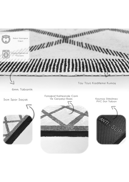Siyah - Beyaz Zeminde Geometrik Motifli Baklava Desenli Geometrik Sade & Şık Salon & Oturma Odası Ofis Dijital Baskılı Makinede Yıkanabilir Kaymaz Taban Saçaklı Halı fırsatları