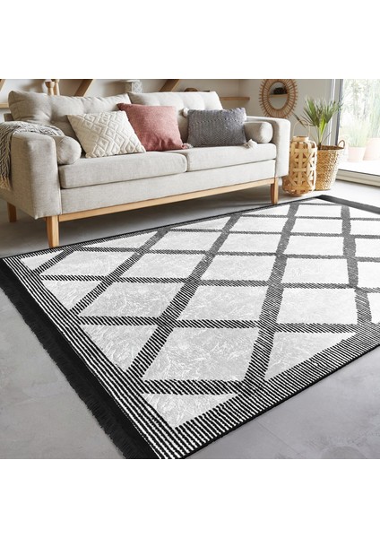 Siyah - Beyaz Zeminde Geometrik Motifli Baklava Desenli Geometrik Sade & Şık Salon & Oturma Odası Ofis Dijital Baskılı Makinede Yıkanabilir Kaymaz Taban Saçaklı Halı indirimleri