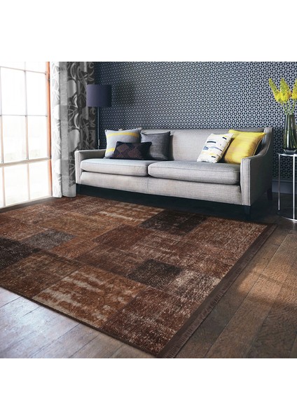 Kahverengi Zeminde Patchwork Motifli Yöresel Desenli Vintage Klasik Salon & Oturma Odası Yatak Odası Dijital Baskılı Makinede Yıkanabilir Kaymaz Taban Saçaklı Halı fiyatları