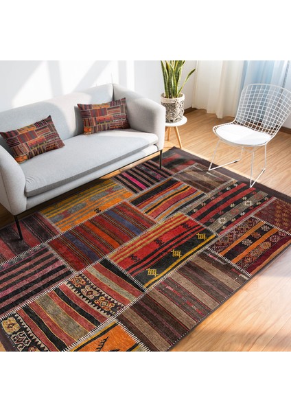 Kırmızı Zeminde Patchwork Motifli Etnik Desenli Vintage Klasik Salon & Oturma Odası Yatak Odası Dijital Baskılı Makinede Yıkanabilir Kaymaz Taban Saçaklı Halı modelleri