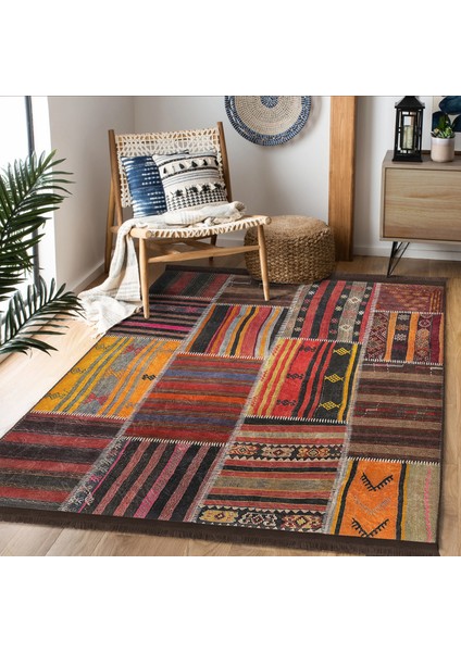 Kırmızı Zeminde Patchwork Motifli Etnik Desenli Vintage Klasik Salon & Oturma Odası Yatak Odası Dijital Baskılı Makinede Yıkanabilir Kaymaz Taban Saçaklı Halı indirimleri