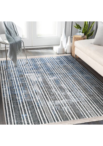 Mavi Zeminde Etnik Motifli Örgü Desenli Geometrik Klasik Salon & Oturma Odası Koridor & Antre Dijital Baskılı Makinede Yıkanabilir Kaymaz Taban Saçaklı Halı modelleri