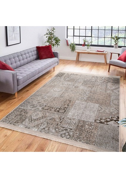 Krem Zeminde Patchwork Motifli Antik Desenli Etnik Motifler Vintage Koridor & Antre Salon & Oturma Odası Dijital Baskılı Makinede Yıkanabilir Kaymaz Taban Saçaklı Halı