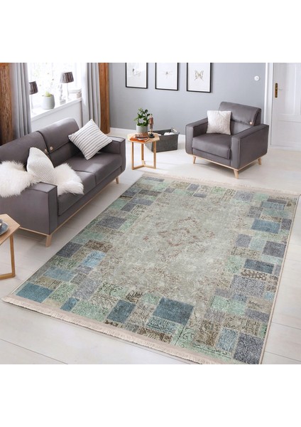 Krem - Mavi Zeminde Patchwork Motifli Yöresel Desenli Klasik Vintage Salon & Oturma Odası Yatak Odası Dijital Baskılı Makinede Yıkanabilir Kaymaz Taban Saçaklı Halı fiyatları