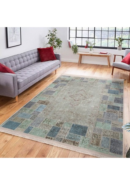 Krem - Mavi Zeminde Patchwork Motifli Yöresel Desenli Klasik Vintage Salon & Oturma Odası Yatak Odası Dijital Baskılı Makinede Yıkanabilir Kaymaz Taban Saçaklı Halı modelleri