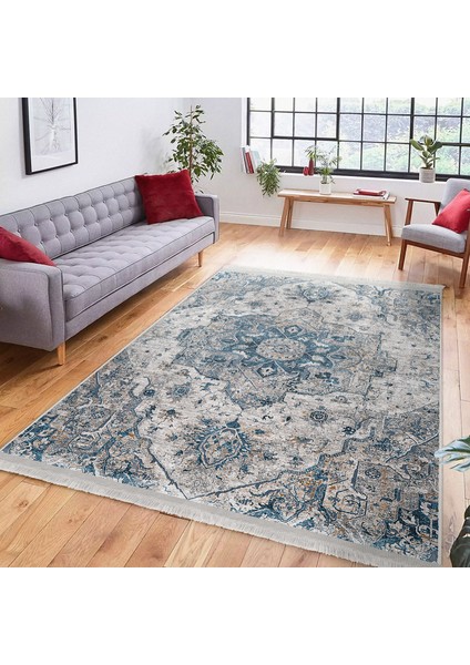 Krem - Mavi Zeminde Göbekli Halı Motifli Dokuma Desenli Vintage Avangarde Salon & Oturma Odası Yatak Odası Dijital Baskılı Makinede Yıkanabilir Kaymaz Taban Saçaklı Halı fiyatları