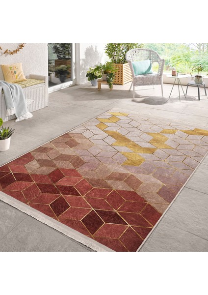 Kremit - Gold Zeminde Mozaik Motifli Geometrik Desenli Geometrik Sade & Şık Salon & Oturma Odası Banyo Dijital Baskılı Makinede Yıkanabilir Kaymaz Taban Saçaklı Halı