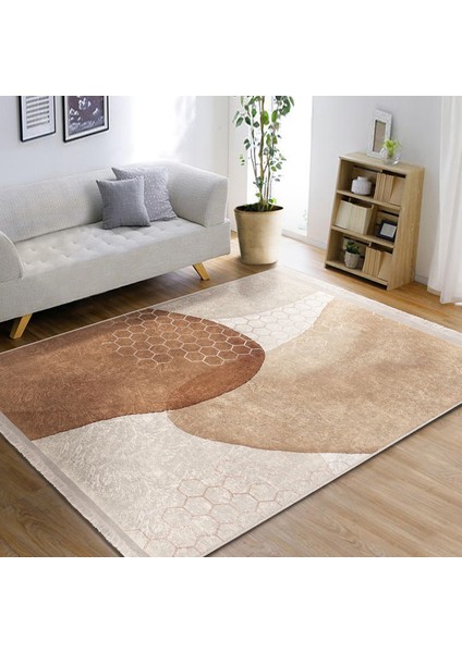 Kahverengi - Krem Zeminde Geometrik Motifli Kanvas Desenli Bohem Modern Salon & Oturma Odası Banyo Dijital Baskılı Makinede Yıkanabilir Kaymaz Taban Saçaklı Halı