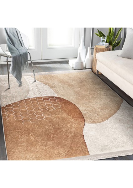 Kahverengi - Krem Zeminde Geometrik Motifli Kanvas Desenli Bohem Modern Salon & Oturma Odası Banyo Dijital Baskılı Makinede Yıkanabilir Kaymaz Taban Saçaklı Halı
