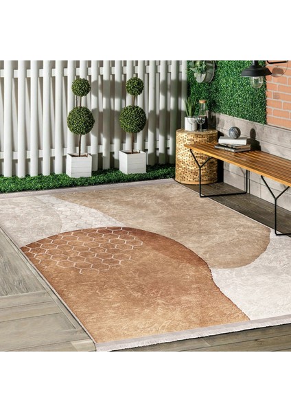 Kahverengi - Krem Zeminde Geometrik Motifli Kanvas Desenli Bohem Modern Salon & Oturma Odası Banyo Dijital Baskılı Makinede Yıkanabilir Kaymaz Taban Saçaklı Halı
